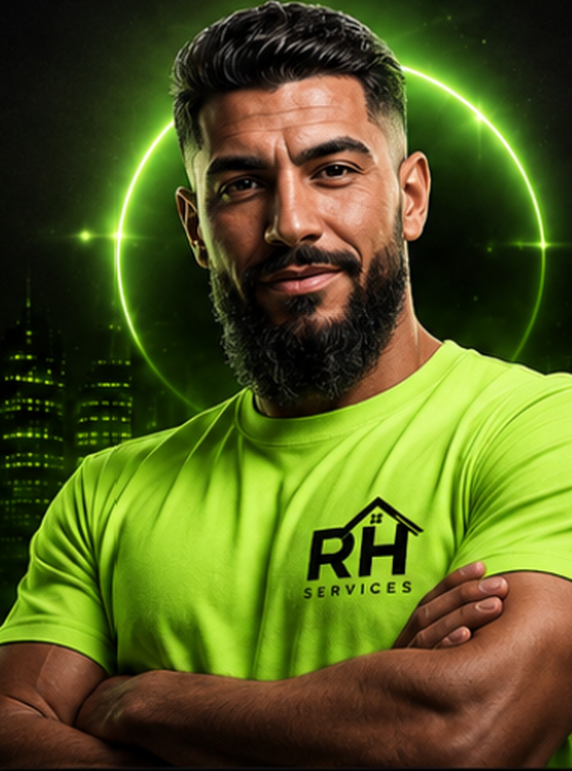 Technicien RH Services souriant en tee-shirt vert fluo avec sa caisse à outils